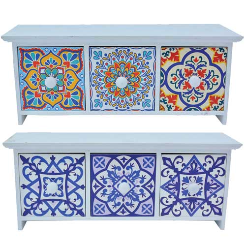 CAIXA DE MADEIRA MOSAICO C/ 3 GAVETAS 30X10X12CM-DECORAÇÃO